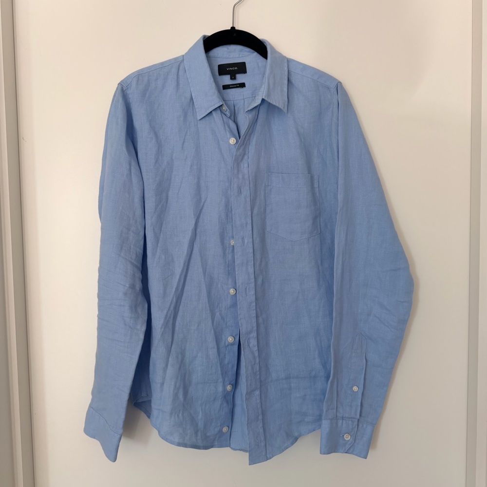 VINCE Linen Blue Button Down Shirt
